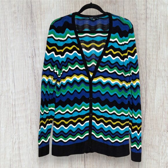CHAUS Multi Color Blue Green Chevron Wave Open Knit V-Neck Cardigan Sweater XL - Picture 1 of 4